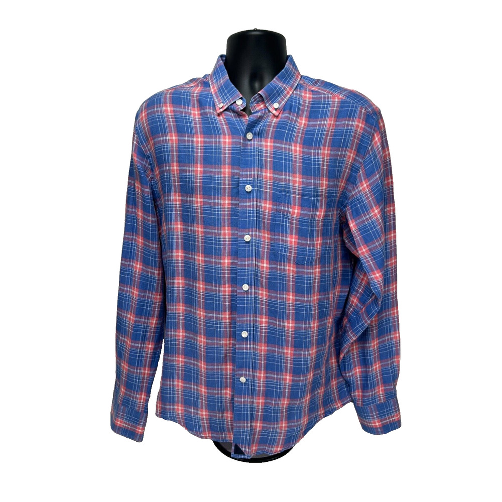 UNTUCKit Men's Button Down Shirt Large Blue Pink Plaid Slim Pocket 100% Linen